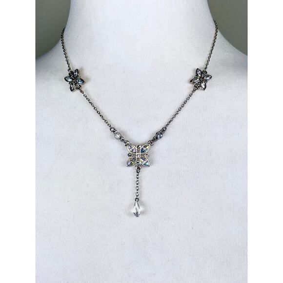 Silver Tone LBVYR Crystal Flower Y Drop Statement Necklace EUC - Picture 1 of 7